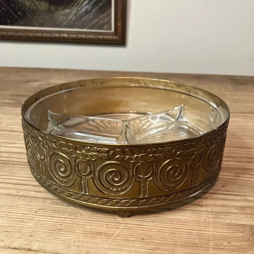 VINTAGE P.N.C.W USA DIVIDED BRASS GLASS INSERT CANDY DISH HOLLYWOOD REGENCY 1930